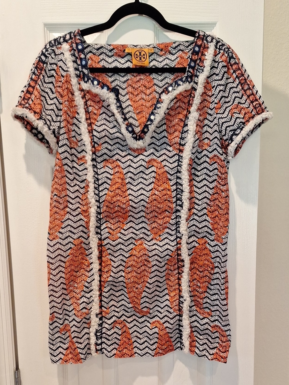Tory Burch - Red/White/Blue Patterned Short Sleeve Liseth Cotton Tunic - 10